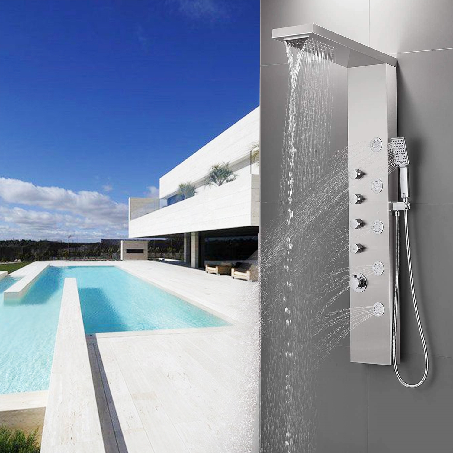 Marseille Shower Panel Tower, Rainfall Waterfall Shower Head, 5 Body Jets And 3-Function Handheld Shower, Rain Massage System, Wall-Mount Shower Column, Stainless Steel Brushed